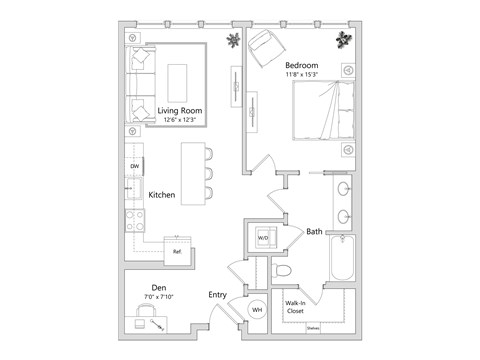A floor plan of a small apartment with a living room, kitchen, bathroom, and bedroom.